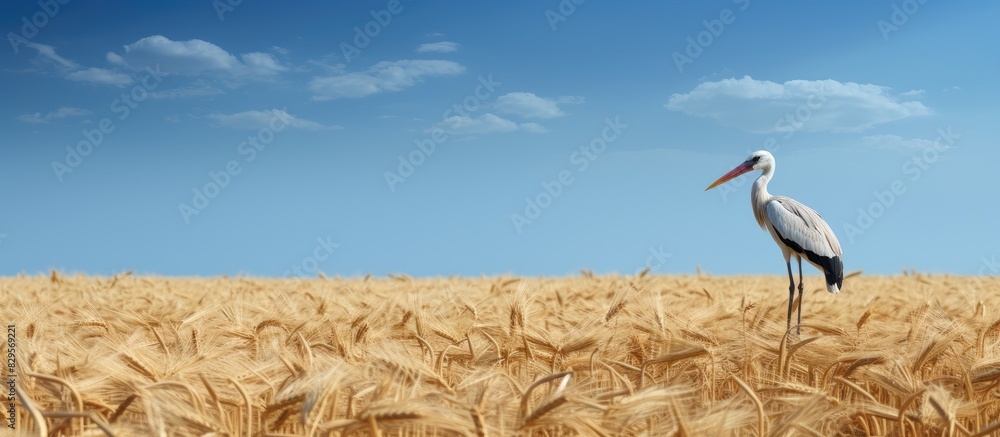 Poster stork elegantly strolling across a vast expanse of harvested fields with a clear blue sky in the bac