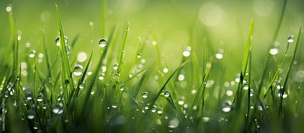 Aufkleber wet green grass covered in dew drops creates an abstract background with copy space image available