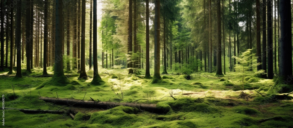 Poster Spring coniferous forest scenery with copy space image