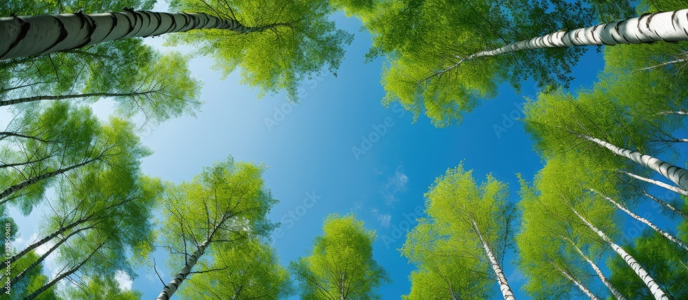 Poster a view upwards towards a birch grove during summer with a blue sky in the background perfect for a c
