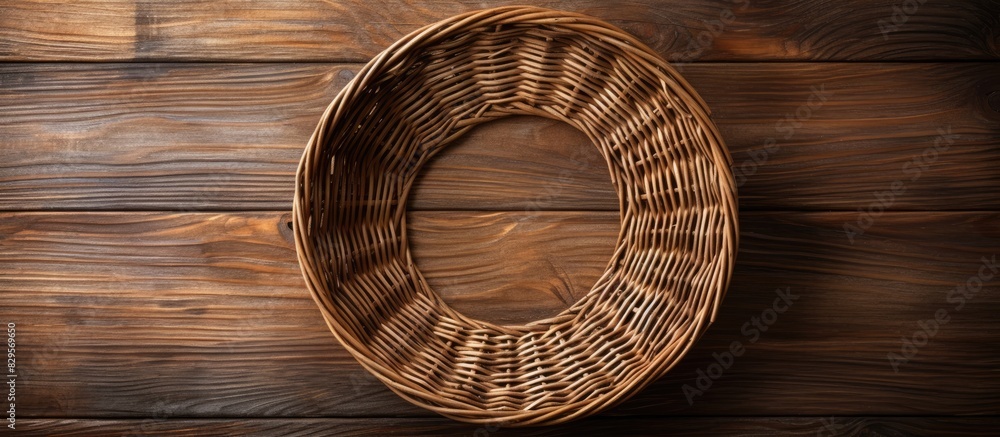 Poster top view of a wicker basket on rustic wood background with copy space image