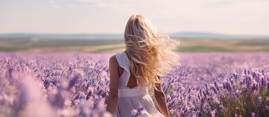 A blonde Caucasian girl stands in a vast field of lilac lavender flowers radiating joy and appreciating the beauty of the grassy steppe landscape Copy space image - Powered by Adobe