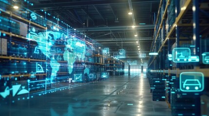 A logistical data hub displaying a 3D supply chain map with rotating nodes and data points representing realtime updates on supplier statuses warehouse capacities and demand forecasts.