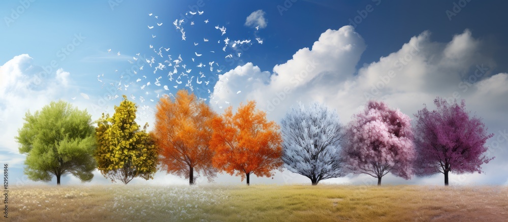 Poster transitioning from winter to spring and summer brings a shift in seasons with vibrant colors and var