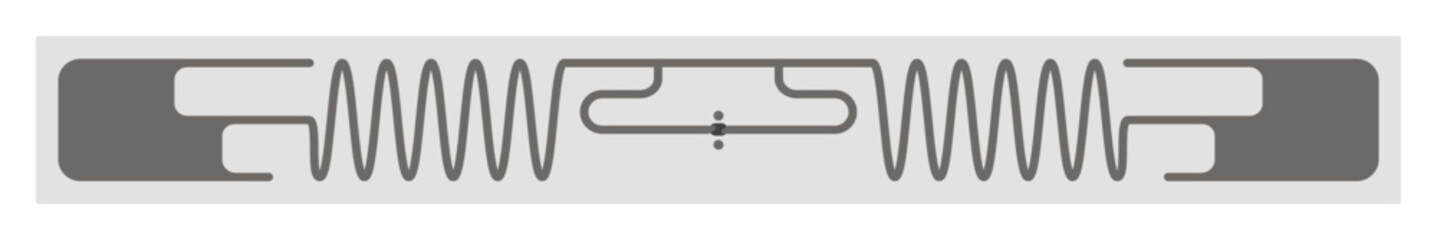 RFID sticker with semiconductor microchip and long sine wave antenna with antennae. Flexible radio frequency ID tag on adhesive film. Vector illustration