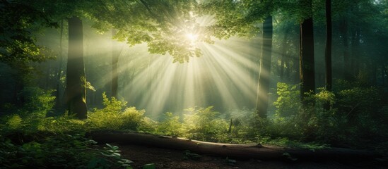 Sunlight filtering through the dense forest with a copy space image