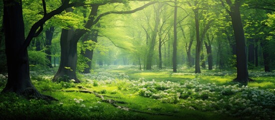 Obraz premium Lush green forest with blooming flowers in spring perfect for copy space image