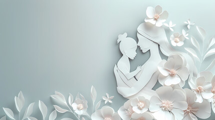 Delicate papercut of a mother holding her child with a backdrop of spring flowers, Mother's day background, with copy space