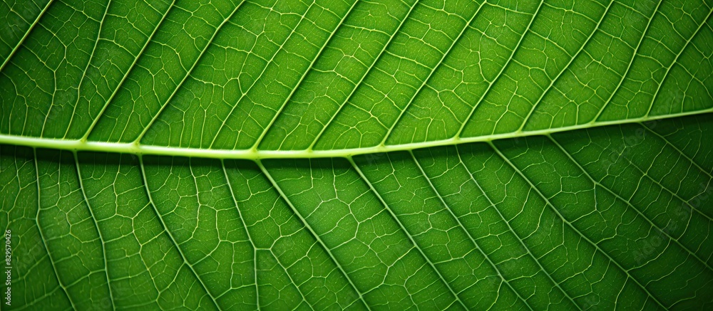 Poster detailed close up photo of a plumeria leaf showcasing its intricate vein pattern with ample copy spa