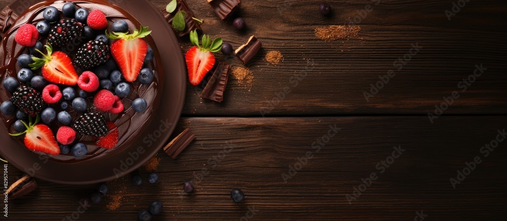Poster a gourmet display with delicious fruits a mini chocolate cake all on a wooden table in a top view wi