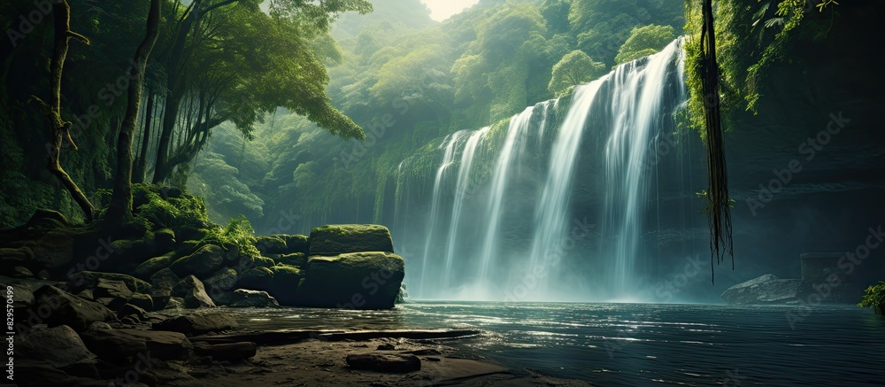 Poster foregrounding the lush forest with a captivating waterfall in the backdrop provides an enticing view