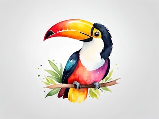 Fototapeta premium Colorful watercolor cute Toucan with tropical leaves illustration on a white background