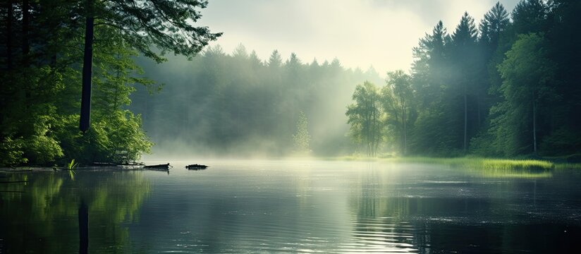 Soft focus image of a forest on a misty lake during an early summer morning with drizzling rain ideal for a copy space image