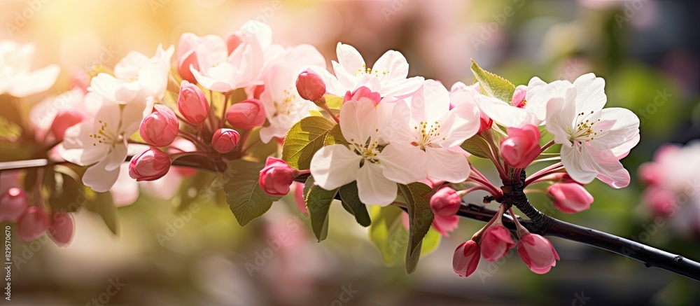 Poster apple blossom on an apple tree in a domestic garden setting with the background intentionally blurre