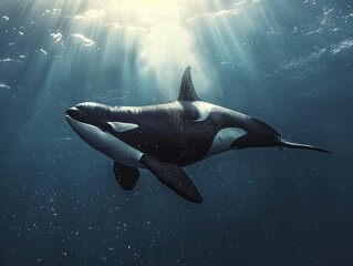 A orca fish or killer whale swimming on under water of sea 