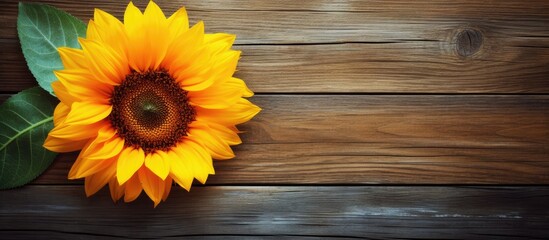 Enhance your design with a sunflower on a wooden background with a color filter for a unique copy space image