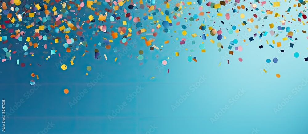 Poster colorful confetti swirling on a backdrop of vibrant blue with a blank space ready for an image inser