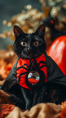 Black Cat Dressed as Black Widow Spider with Red Hourglass for Halloween