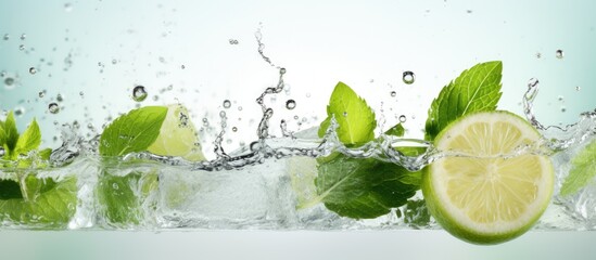 A refreshing drink made with green apple juice blended with soda water mint leaves lemon wedges and ice cubes perfect for a hot day with a copy space image