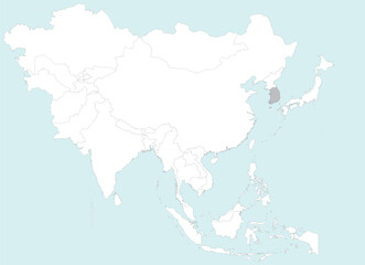 Highlighted grey map of SOUTH KOREA inside white detailed blank political map of Asia on blue background, without the Middle East and Russia