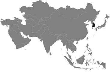 Highlighted black map of SOUTH KOREA inside dark grey detailed blank political map of Asia using orthographic projection on transparent background, without Russia