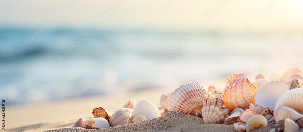 Poster seashells scattered on sandy beach creating a serene summer scene with a sandy background and copy s
