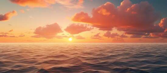 Fototapeta premium Orange clouds at sunset over the ocean creating a picturesque scene with a copy space image