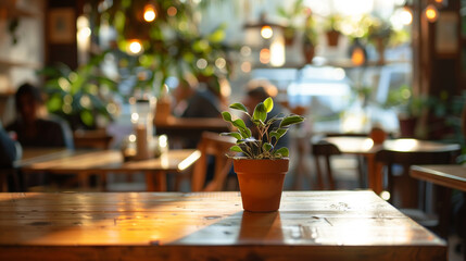 Sunlit Café with Potted Plant on Wooden Table