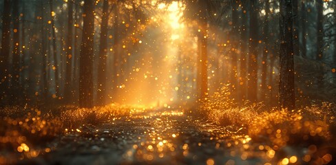 Naklejka premium A golden light shining through a dark forest.