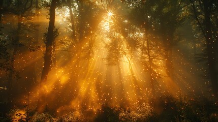 Obraz premium A golden light shining through a dark forest.
