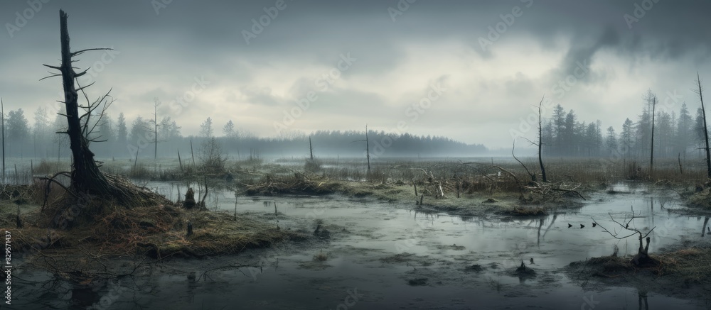Poster on a cloudy winter day in the swamp water is raised high. copy space image. place for adding text an