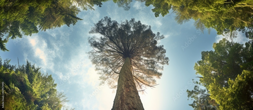 Poster View from the ground of a tall cypress tree with ample copy space image