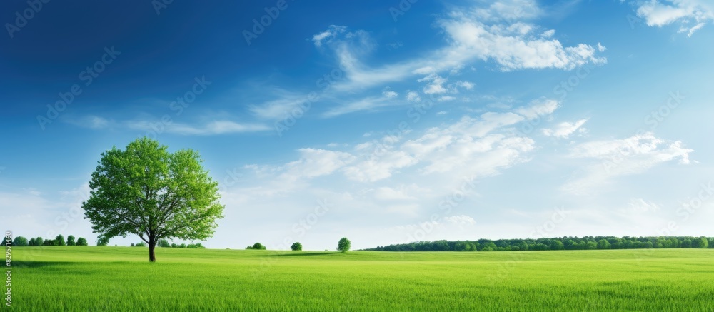 Poster A summer scene with a bright sunny sky showcasing lush green grass and trees adding color contrast against the blue sky s backdrop ideal as a copy space image