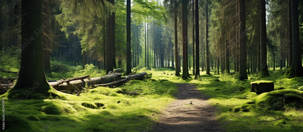 Poster Spring coniferous forest scenery with copy space image