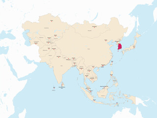 Obraz premium Highlighted red map of SOUTH KOREA inside light red detailed political map of Asia using orthographic projection on white and blue background