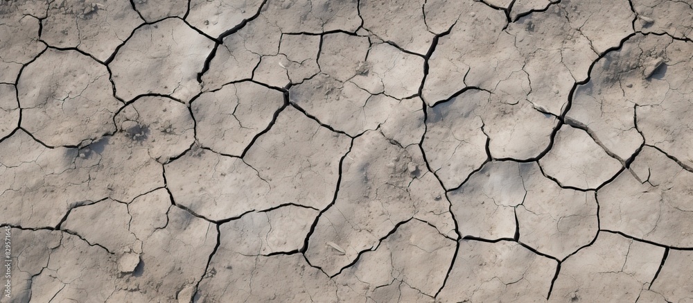 Sticker Background texture of cracked grey soil surface with copy space image