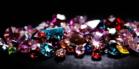 scattered crystals diamonds precious stones on a black background