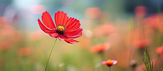 Focus on a single red cosmos flower in a field with a colorful blurred background in an image with copy space