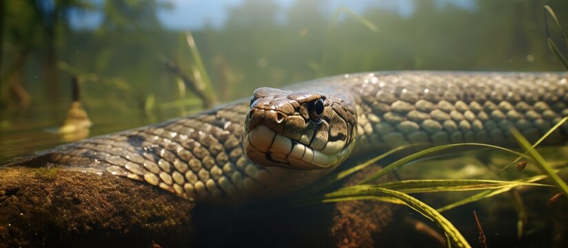 Nerodia sipedon a Northern watersnake swimming underwater in Torrance Barrens along a hiking trail during the Summer with copy space image