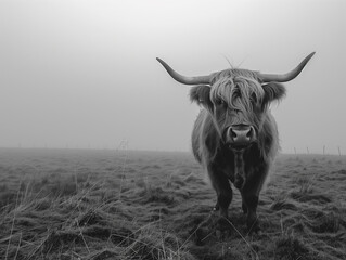 Highland cow gazing forward on a foggy day