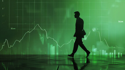 The green stock chart represents investment and the man walking represents business. Ai generate.