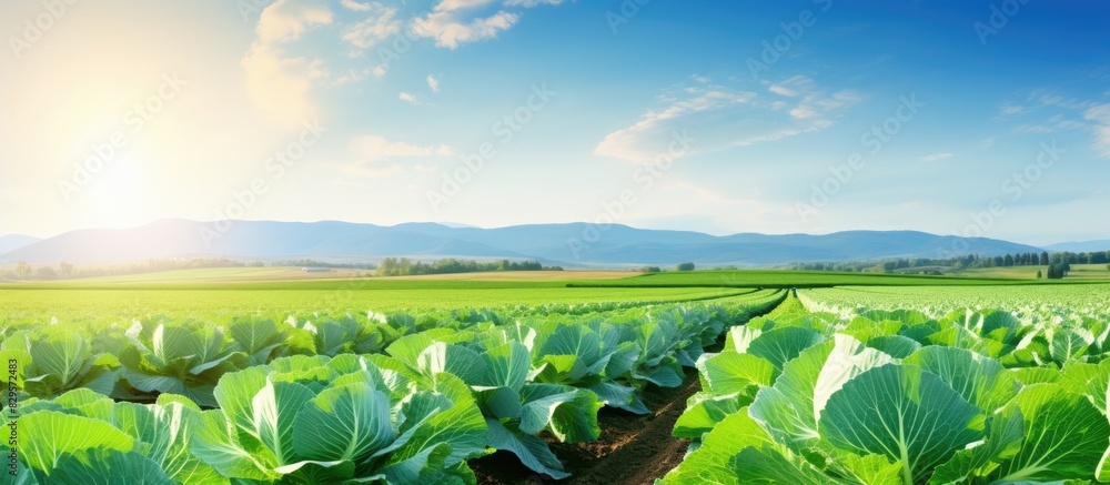 Poster freshly growing cabbage field with expansive landscape view and a clear sky in the background ideal 