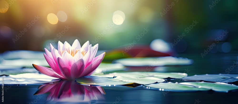Poster a beautiful water lily floating in a pond with a serene background landscape creating a peaceful cop