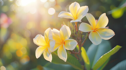 Spring delicate yellow plumeria flowers on the tree with blurred nature garden background. Floral wallpaper. Blossoming frangipani. Close-up view. Handheld footage.