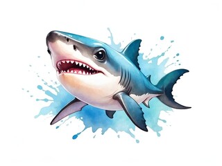 Colorful watercolor cute Shark portrait illustration on a white background