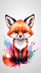 Colorful watercolor cute Red fox portrait illustration on a white background