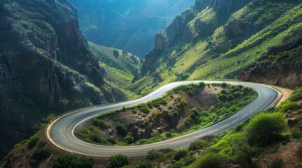 Breathtaking mountain road trip, Winding path through majestic scenery. Lush greenery, towering mountains, and a clear blue sky.