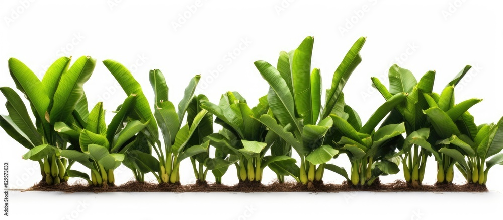 Poster collection of banana trees isolated on white background for garden design with copy space image econ