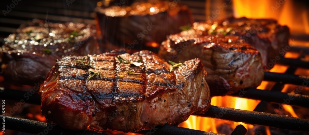 Poster steaks being grilled on a fiery grill and captured with selective focus in a copy space image