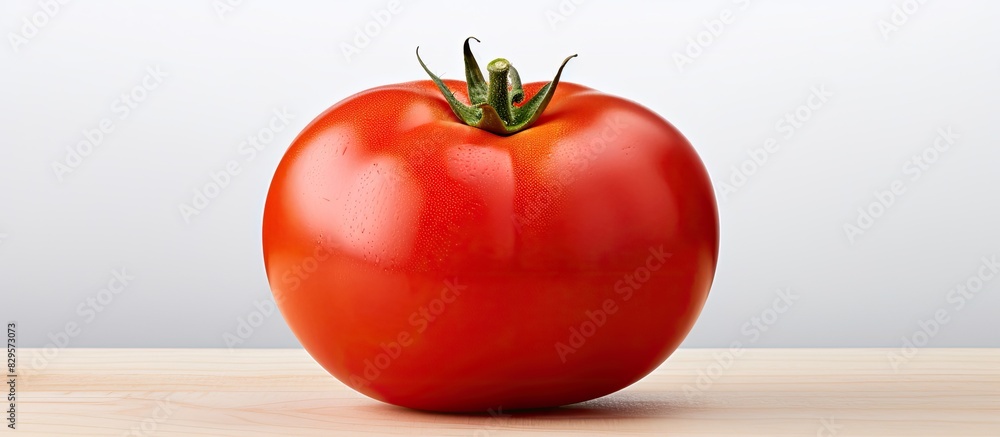 Poster a solitary ripe organic tomato with a vibrant red color set against a white backdrop featuring a cli